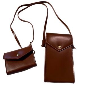 J.CREW Gracie Brown Leather Crossbody Phone & Card Case Set Minimalist Capsule